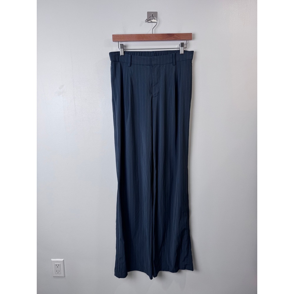Vuori Women Navy Pinstripe Villa Wide Leg Trouser Pants Medium